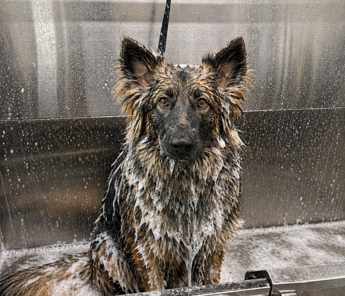 Dog receiving a bath in a grooming tub