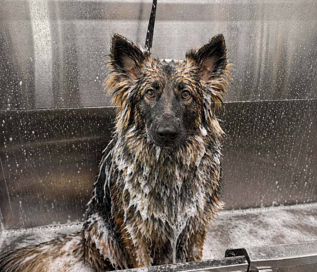 Dog receiving a bath in a grooming tub